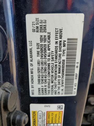 5FNYF7H58MB005058 - 2021 HONDA PASSPORT EXL BLUE photo 13