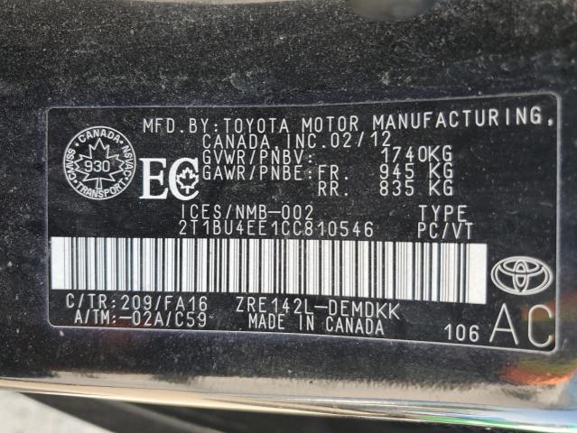 2T1BU4EE1CC810546 - 2012 TOYOTA COROLLA BASE შავი ფოტო 12