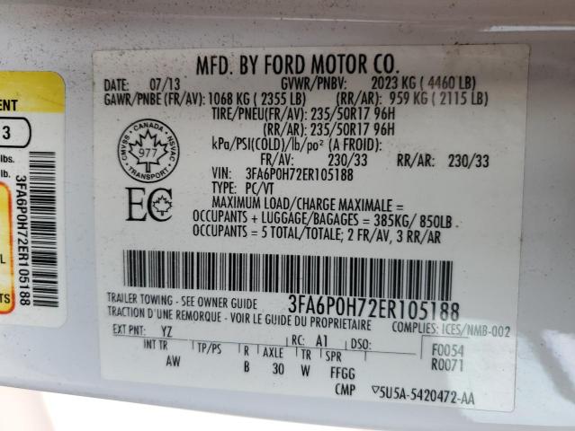 3FA6P0H72ER105188 - 2014 FORD FUSION SE WHITE photo 12