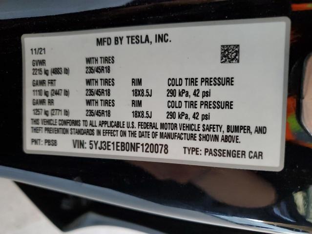 5YJ3E1EB0NF120078 - 2022 TESLA MODEL 3 BLACK photo 12