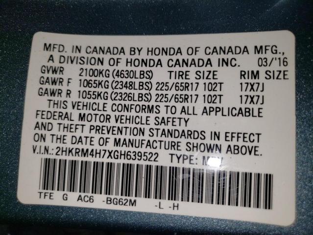 2HKRM4H7XGH639522 - 2016 HONDA CR-V EXL TEAL photo 13