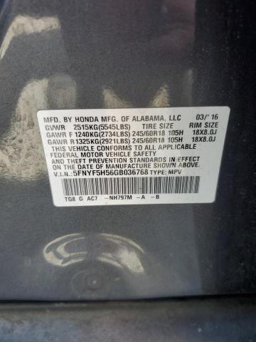 5FNYF5H56GB036768 - 2016 HONDA PILOT EXL გრაფიტი ფოტო 13