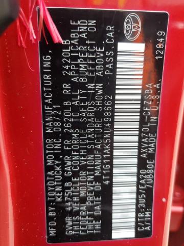 4T1G11AK5NU498662 - 2022 TOYOTA CAMRY SE 红色 照片 12