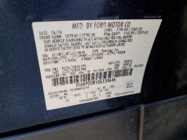 1FAHP2D81GG134646 - 2016 FORD TAURUS SE BLUE photo 12