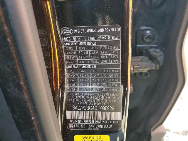 SALVP2BG4GH086926 - 2016 LAND ROVER RANGE ROVE SE BLACK photo 13