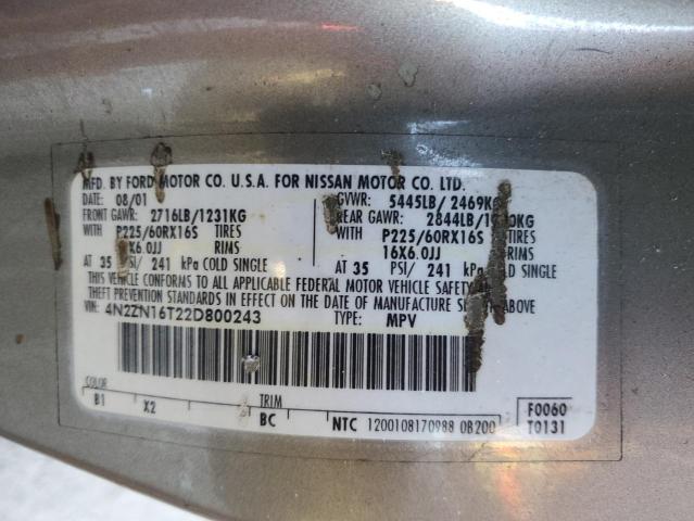 4N2ZN16T22D800243 - 2002 NISSAN QUEST SE TAN photo 13