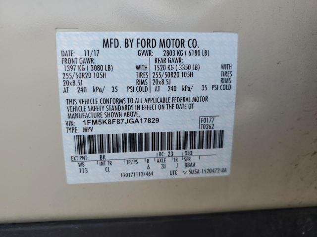 1FM5K8F87JGA17829 - 2018 FORD EXPLORER LIMITED Bej foto 13