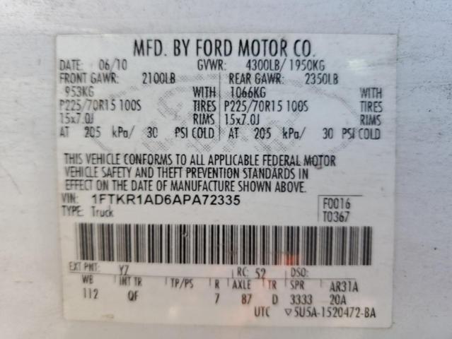 1FTKR1AD6APA72335 - 2010 FORD RANGER WHITE photo 12