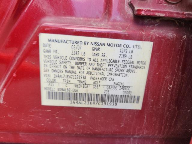 1N4AL21E47C191938 - 2007 NISSAN ALTIMA 2.5 红色 照片 12