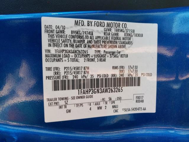 1FAHP3GN3AW263265 - 2010 FORD FOCUS SES BLUE photo 12