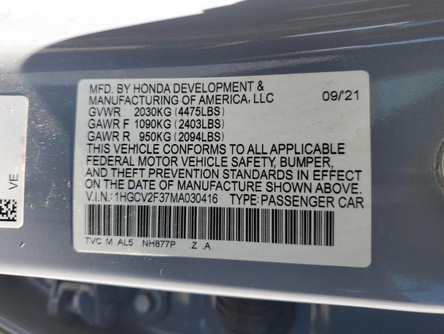 1HGCV2F37MA030416 - 2021 HONDA ACCORD SPORT ნაცრისფერი ფოტო 12