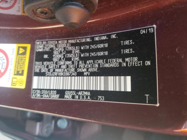 5TDJZRFH9KS987340 - 2019 TOYOTA HIGHLANDER SE BURGUNDY photo 13