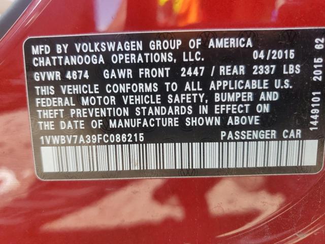 1VWBV7A39FC086215 - 2015 VOLKSWAGEN PASSAT SE 勃艮第红 照片 12