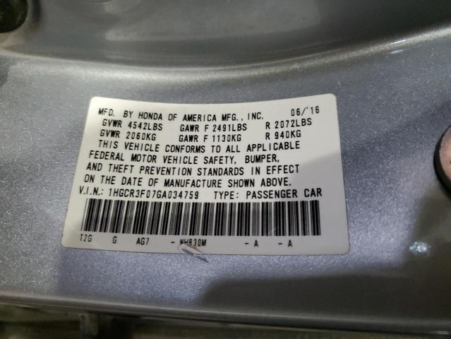1HGCR3F07GA034759 - 2016 HONDA ACCORD EXL SILVER photo 12