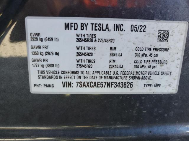 7SAXCAE57NF343626 - 2022 TESLA MODEL X CHARCOAL photo 14