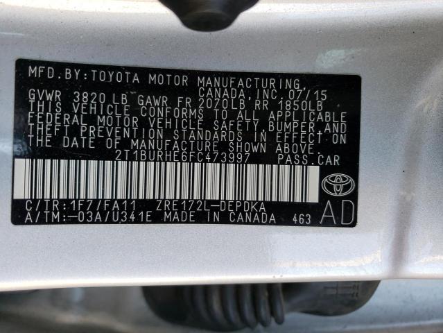 2T1BURHE6FC473997 - 2015 TOYOTA COROLLA L SILVER photo 13