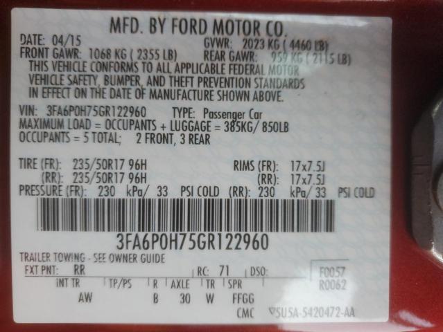 3FA6P0H75GR122960 - 2016 FORD FUSION SE RED photo 13