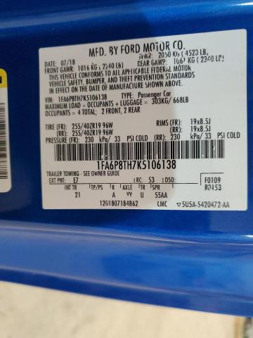 1FA6P8TH7K5106138 - 2019 FORD MUSTANG BLUE photo 12