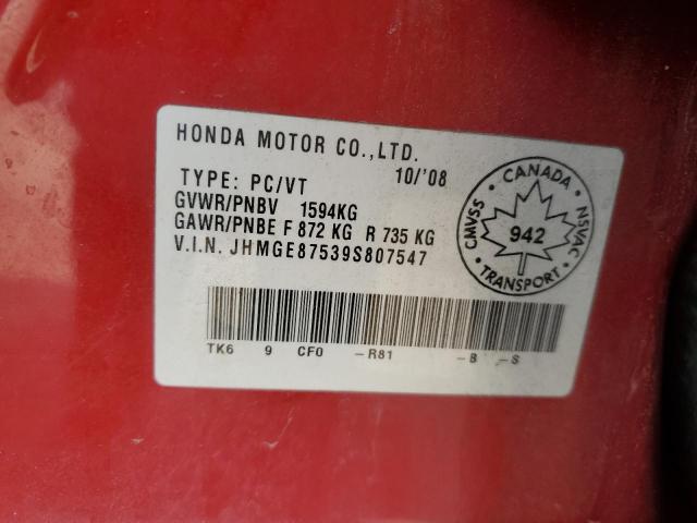 JHMGE87539S807547 - 2009 HONDA FIT LX RED photo 12