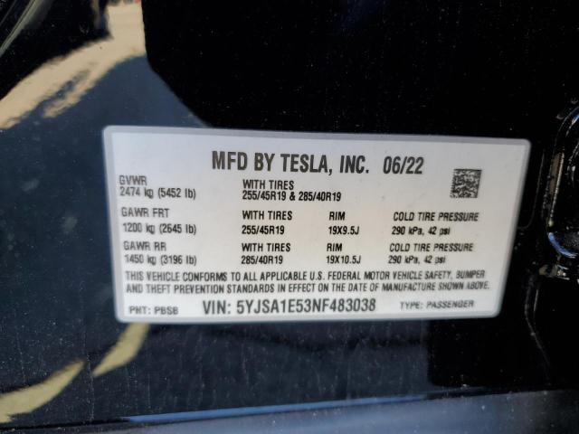 5YJSA1E53NF483038 - 2022 TESLA MODEL S BLACK photo 12