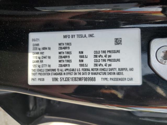 5YJ3E1EB2MF989988 - 2021 TESLA MODEL 3 Սև լուսանկար 13