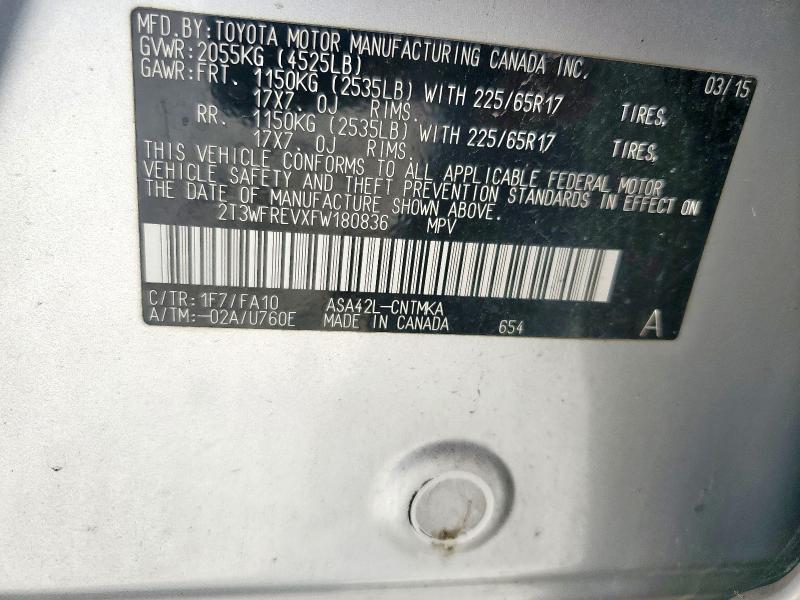 2T3WFREVXFW180836 - 2015 TOYOTA RAV4 XLE SILVER photo 13