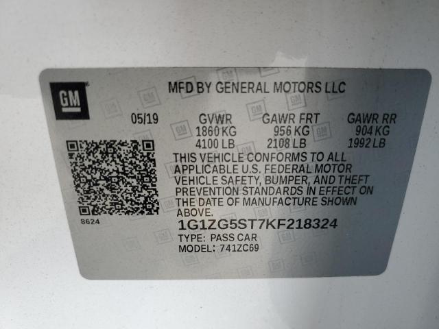 1G1ZG5ST7KF218324 - 2019 CHEVROLET MALIBU RS 白色 照片 12