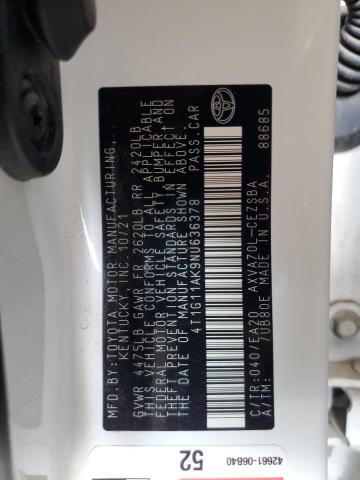 4T1G11AK9NU636378 - 2022 TOYOTA CAMRY SE WHITE photo 12