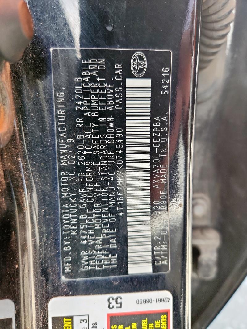 4T1B61HK2KU749490 - 2019 TOYOTA CAMRY XSE Սև լուսանկար 12