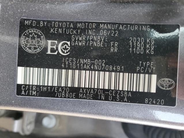 4T1G11AK4NU708491 - 2022 TOYOTA CAMRY SE GRAY photo 12