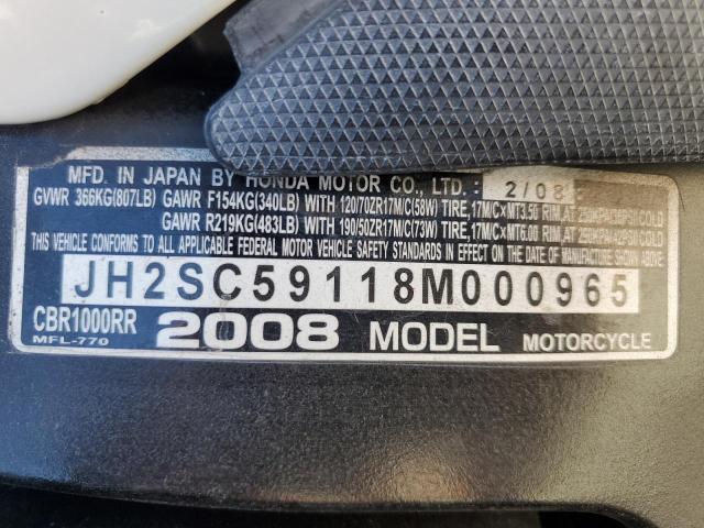 JH2SC59118M000965 - 2008 HONDA CBR1000 RR WHITE photo 10