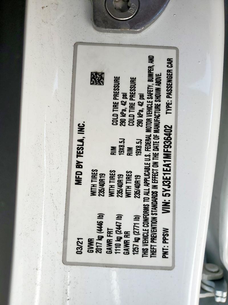 5YJ3E1EA1MF936402 - 2021 TESLA MODEL 3 Blanco foto 13