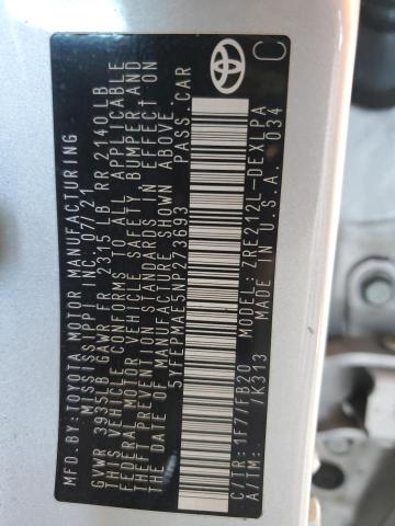 5YFEPMAE5NP273693 - 2022 TOYOTA COROLLA LE SILVER photo 13