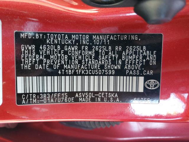 4T1BF1FK3CU507599 - 2012 TOYOTA CAMRY BASE RED photo 12