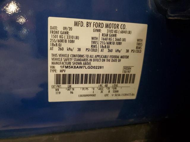 1FM5K8AW7LGD02281 - 2020 FORD EXPLORER POLICE INTERCEPTOR Bleu photo 14