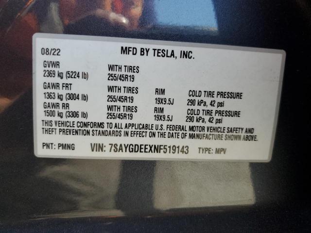7SAYGDEEXNF519143 - 2022 TESLA MODEL Y 灰色 照片 13