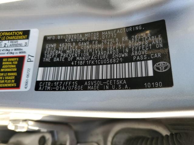 4T1BF1FK1CU056821 - 2012 TOYOTA CAMRY BASE SILVER photo 12