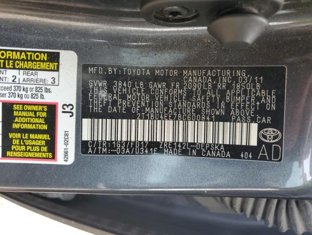2T1BU4EE7BC600841 - 2011 TOYOTA COROLLA BASE 灰色 照片 12