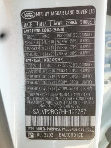 SALVP2BG7HH192787 - 2017 LAND ROVER RANGE ROVE SE WHITE photo 12