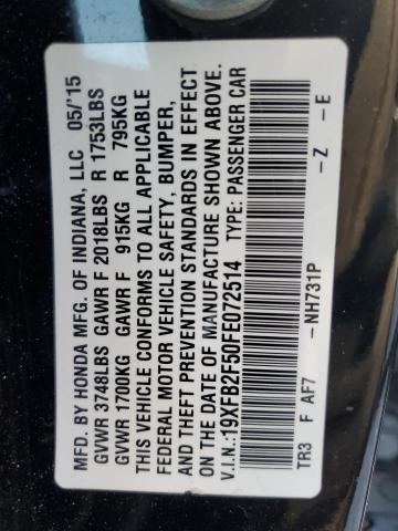 19XFB2F50FE072514 - 2015 HONDA CIVIC LX BLACK photo 12