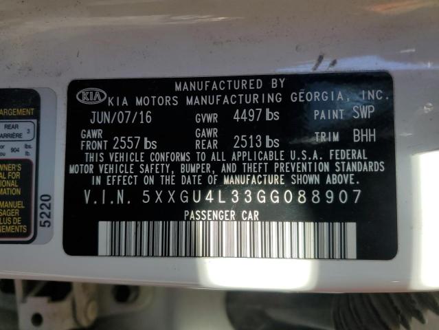 5XXGU4L33GG088907 - 2016 KIA OPTIMA EX WHITE photo 12