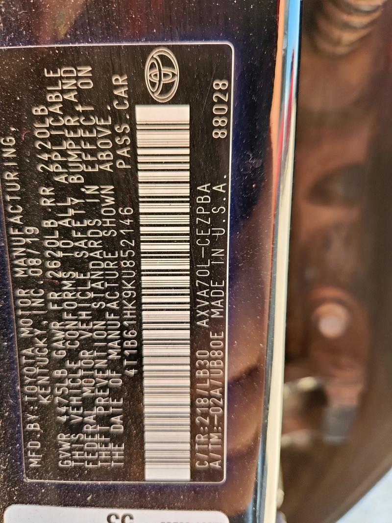 4T1B61HK9KU852146 - 2019 TOYOTA CAMRY XSE Қара фото 12