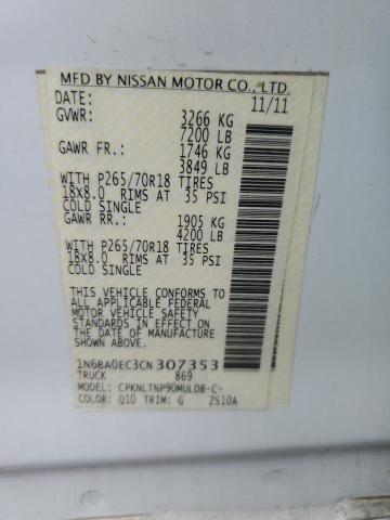 1N6BA0EC3CN307353 - 2012 NISSAN TITAN S WHITE photo 13