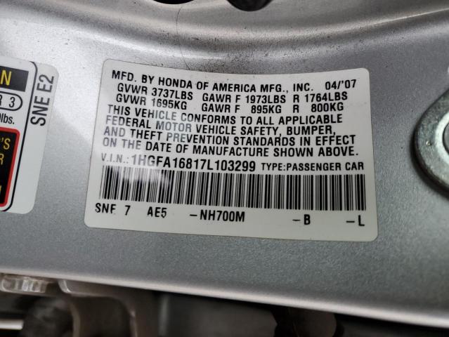 1HGFA16817L103299 - 2007 HONDA CIVIC EX SILVER photo 13