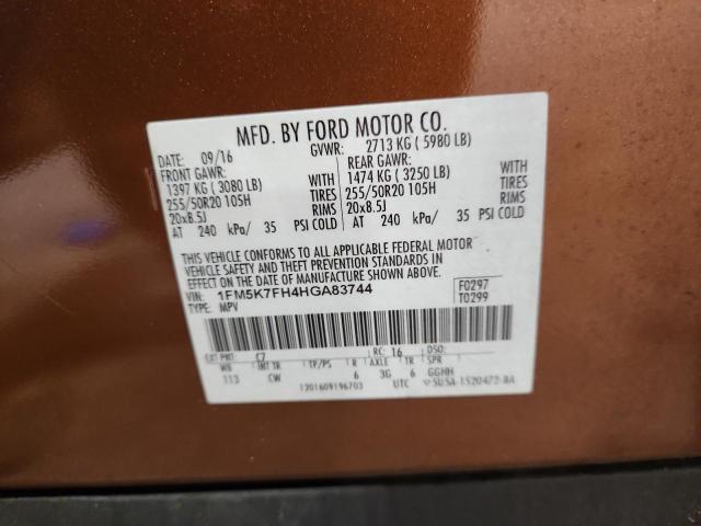 1FM5K7FH4HGA83744 - 2017 FORD EXPLORER LIMITED Turuncu fotoğraf 13