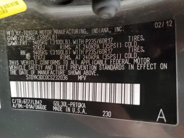 5TDYK3DC0CS232036 - 2012 TOYOTA SIENNA XLE GRAY photo 13
