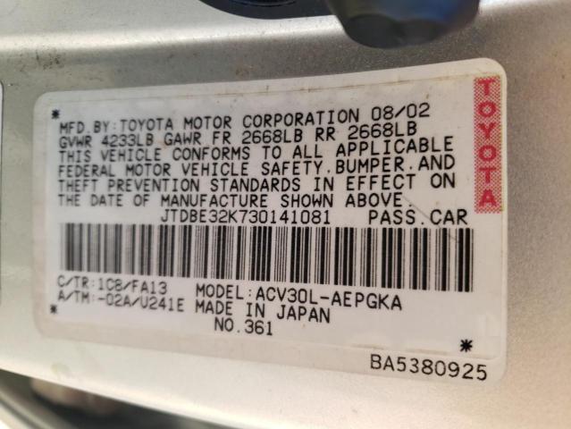 JTDBE32K730141081 - 2003 TOYOTA CAMRY LE SILVER photo 13