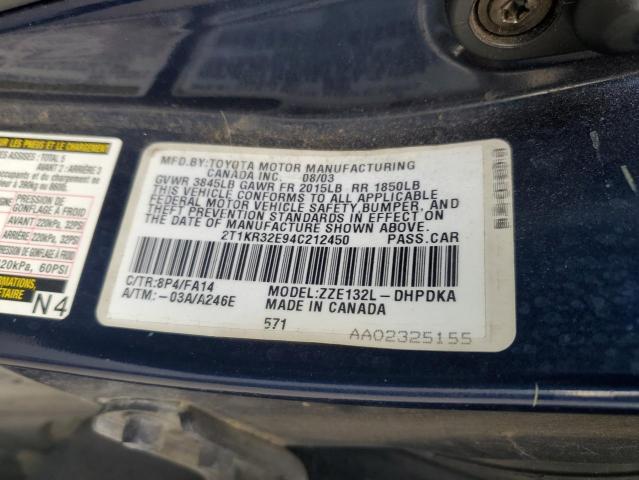 2T1KR32E94C212450 - 2004 TOYOTA COROLLA MA XR BLUE photo 12