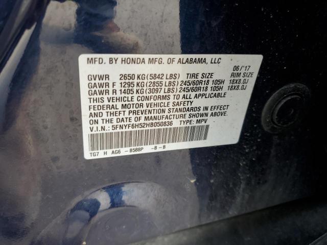 5FNYF6H52HB050836 - 2017 HONDA PILOT EXL BLUE photo 13