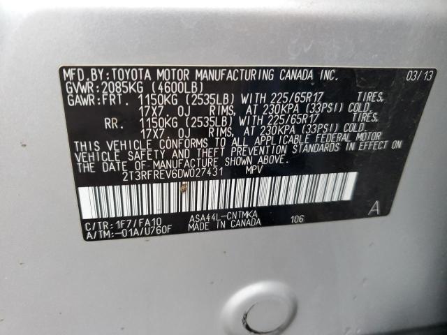 2T3RFREV6DW027431 - 2013 TOYOTA RAV4 XLE SILVER photo 13